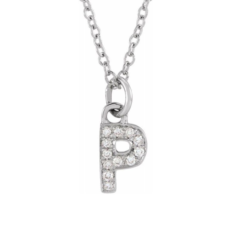 14K White Gold .04 CTW Diamond Tiny Initial P Necklace, 16-18 Inch